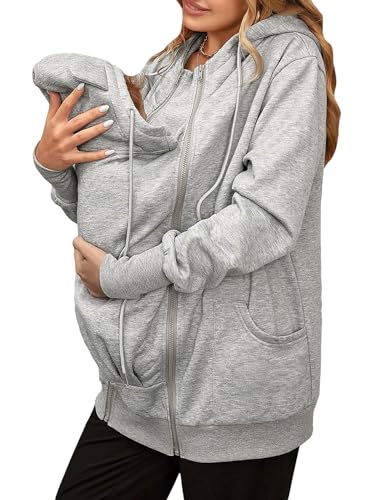 QWINEE Women's Maternity Zip Up Sweatshirt Babywearing Carrier Hoodie Drop Shoulder Drawstring Nurse Hoodies Light Grey L