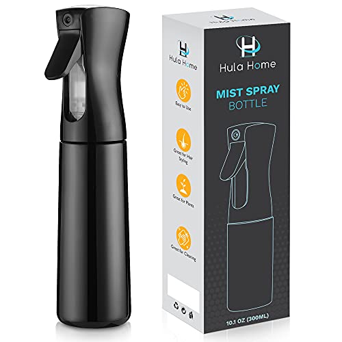 Hula Home Continuous Spray Bottle for Hair (10.1oz/300ml) Empty Ultra Fine Plastic Water Mist Sprayer – For Hairstyling, Cleaning, Salons, Plants, Essential Oil Scents & More - Black