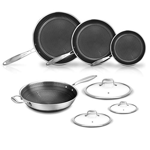 NutriChef 7-Piece Triply Stainless Steel Cookware Set - Non-Stick Honeycomb Fire Textured Pattern Frying Pans and Wok with Lids, Oven & Dishwasher Safe, Suitable for All Cooktops