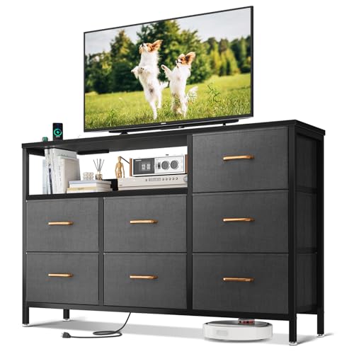 AODK TV Stand with Power Outlet, 52' Long TV Stand with 7 Large Fabric Drawers, Entertainment Center with Open Shelves for 55 Inch TV, Living Room, Black and Dark Grey