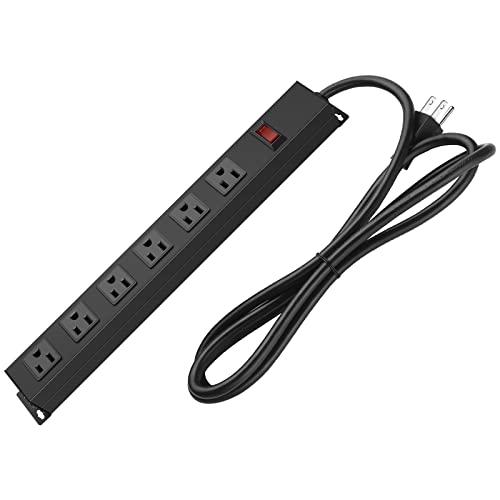 Metal Wall Mount Power Strip, Mountable Power Outlet with 6 AC Outlets, Aluminum Alloy Mount Power Socket with Switch, 6 FT SJT 3/C 14AWG Power Cord, 15A 125V 1875W (6AC) Black