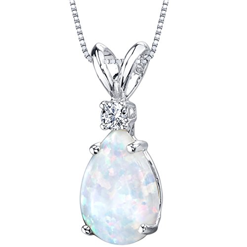 PEORA 14K White Gold Created White Opal with Genuine Diamond Pendant, Elegant Teardrop Solitaire, Pear Shape, 10x7mm, 1 Carat total