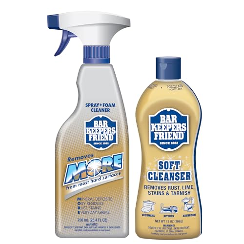 Bar Keepers Friend Soft Cleanser (13 oz) and MORE Spray + Foam (25.4 oz) Multipurpose Cleaner Bundle, Stain & Rust Remover for Multi Surface Bathroom, Kitchen & Outdoor Cleaning