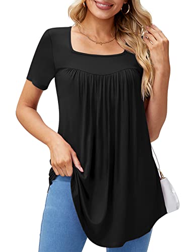 Shirts for Women Dressy Casual Square Neck Tops Short Sleeve Basic Tees Black XXL