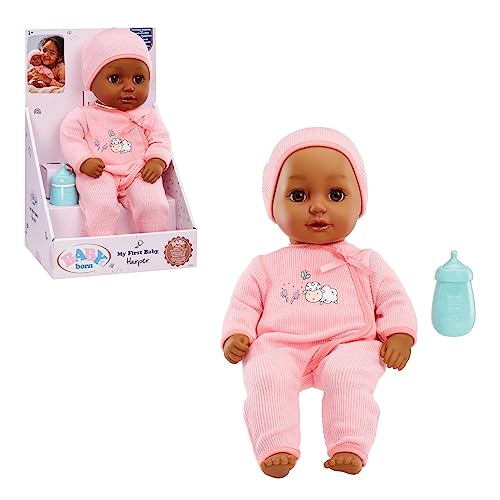Baby Born My First Baby Doll Harper - Dark Brown Eyes: Realistic Soft-Bodied Baby Doll for Kids Ages 1 & Up, Eyes Open & Close, Baby Doll with Bottle, 14 inch