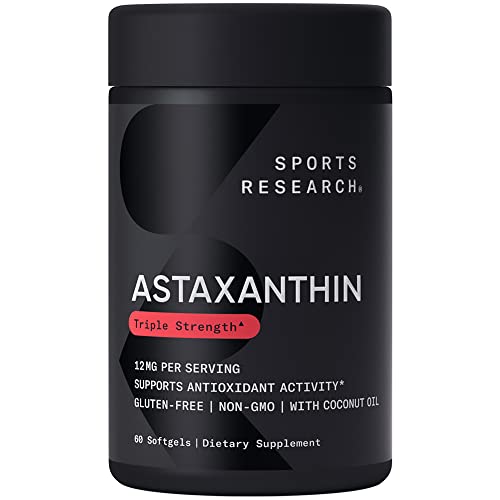 Sports Research Triple Strength Astaxanthin 12mg with Organic Coconut Oil - Antioxidant Supplement, Non-GMO Verified & Gluten Free - 60 Softgels