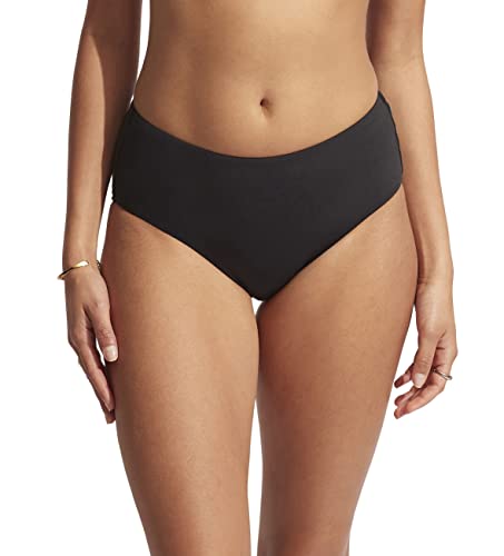 Seafolly Women's Standard Hipster Full Coverage Mid Rise Wide Side Bikini Bottom Swimsuit, Eco Collective Black, 8