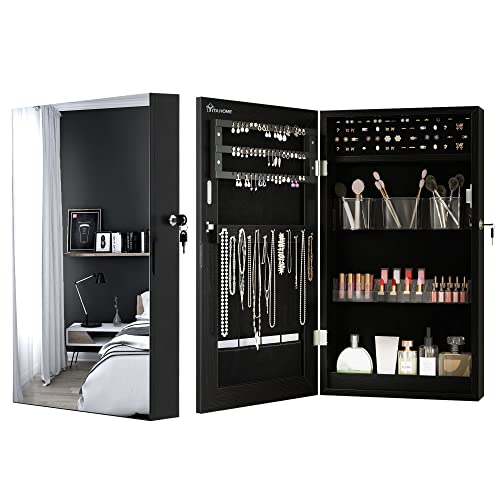 YITAHOME Mirror Jewelry Cabinet Jewelry Armoire Wall Mounted Jewelry Organizer Lockable, Space Saving Jewelry Storage Organizer Attached Lipstick Brush Compartments, Black