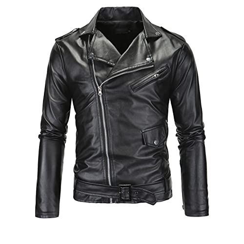 Maiyifu-GJ Men Faux Leather Motorcycle Jacket Retro Notched Lapel Pu Biker Coat Asymmetric Zipper Slim Outwear Overcoat (Black,X-Large)