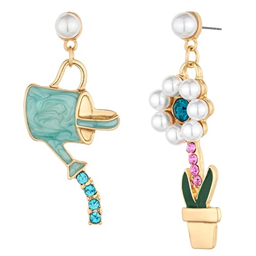 MADISON TYLER Cute Fun Dangle Earrings for Women Trendy | Fun Pave Imitation Pearls Rhinestone Flower Watering Can Weird Asymmetrical Earrings for Teen Girls | Gifts for Girls Teens and Women