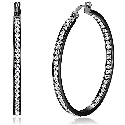 ORAZIO Stainless Steel Women Hoop Earrings Cute Huggie Earrings Cubic Zirconia Inlaid 50MM (D: Black)