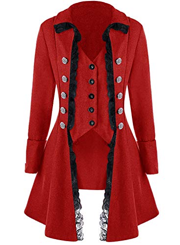 VNVNE Women's Gothic Steampunk Corset Halloween Costume Coat Victorian Tailcoat Jacket (S, red)