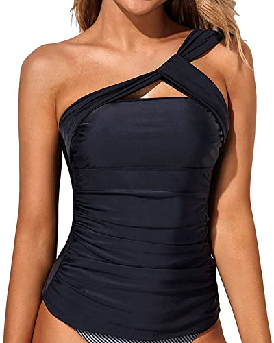 Tempt Me Women Black Tankini Top Swim Tops Ruched One Shoulder Bathing Suit Swimsuit Tops Only M