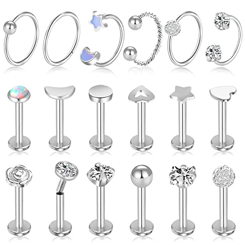 ONESING 18 Pcs 16G Tragus Earrings for Women Piercing Jewelry Cartilage Earring Studs Labret Barbell Lip Stainless Steel