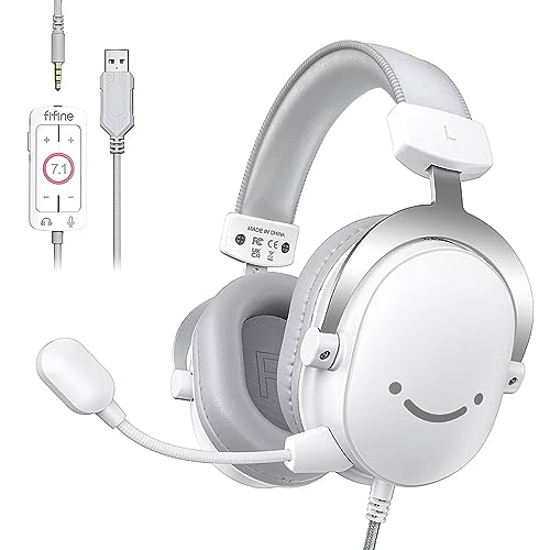 FIFINE USB PC Gaming Headset with 3.5mm Audio Jack, Detachable Microphone, 7.1 Surround Sound, Volume Control, Streaming Over-Ear Wired Headphones for Computer, PS5, Controller, Xbox-H9 White
