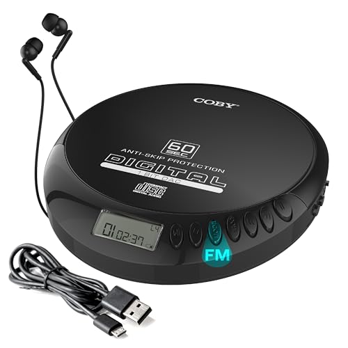 Coby Portable CD Player with Stereo Earbuds, FM Radio, MP3 Compatibility, LCD Display Portable Discman | 60-Second Anti-Skip, Shockproof | Powered by 2 AA Batteries or Micro-USB