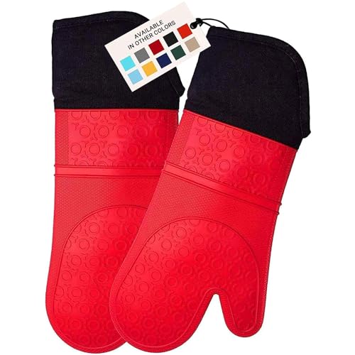 HOMWE Extra Long Professional Silicone Oven Mitt, Oven Mitts with Quilted Liner, Heat Resistant Pot Holders, Flexible Oven Gloves, Red, 1 Pair, 14.7 Inch