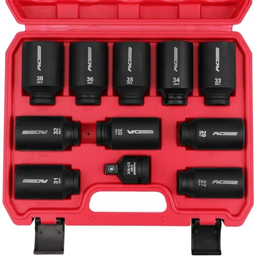 1/2 Drive Deep Impact Socket Set: 11-Piece Metric Size Wheel Axle Nut Wrench Metric Large Jumbo 27mm 29mm 30mm 31mm 32mm 33mm 34mm 35mm 36mm 38mm Spindle Joint High Torque Truck Bearing Locknut