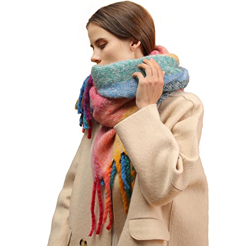 Temminc Women's Super Thick Rainbow Colors Cashmere Feel Warm Scarf, Colorful Soft Comfort Elegant Cold Weather Braided Pigtail tassel Scarf Fashion Long Scarf Gift