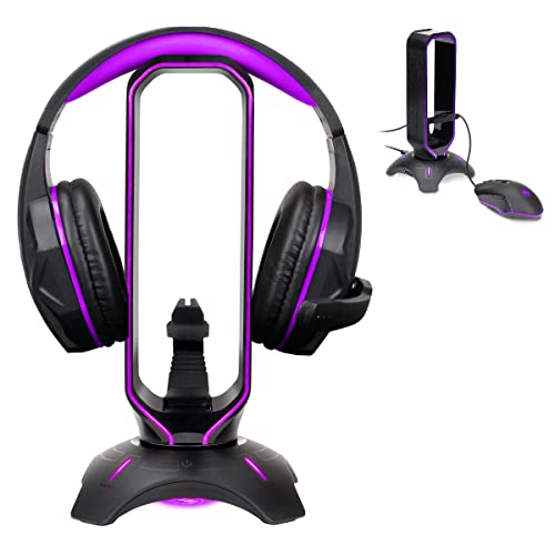 ENHANCE PC Gaming Headphones Stand with Mouse Bungee - RGB Headphone Holder for PC Gaming Desk Setup with 2 USB Port Hub, 7 LED Color Changing Modes, Headset Stand for Gaming Headset PC, Xbox One, PS5