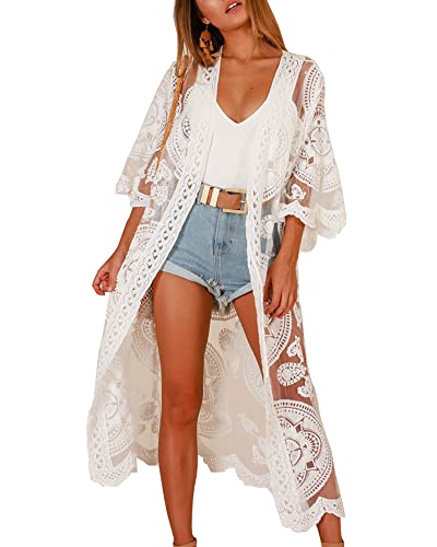 JDiction Women Swimsuit Cover Up Bathing Suit Kimono Long Beach Dress Floral Lace Bikini Swim Coverup