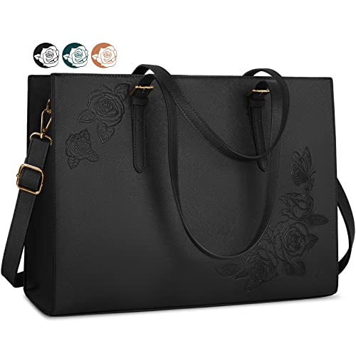 Laptop Bag for Women 15.6 Inch Laptop Tote Bag Leather Waterproof Work Bags Professional Business Office Computer Briefcase Large Capacity Shoulder Bag Black