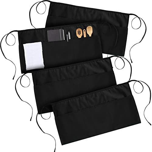 Utopia Wear 3 Pocket Waist Apron [Pack of 4], Server Waitress short apron for Women Men, Kitchen, Restaurant and Crafting (Black)