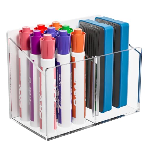 MaxGear Magnetic Marker Holder, Acrylic Pen Holder for Fridge 2 Compartments, Dry Erase Marker Holder with Screws for Dry Erase Board, Locker Organizer, Whiteboard Accessories, Wall Pencil Cup, Clear