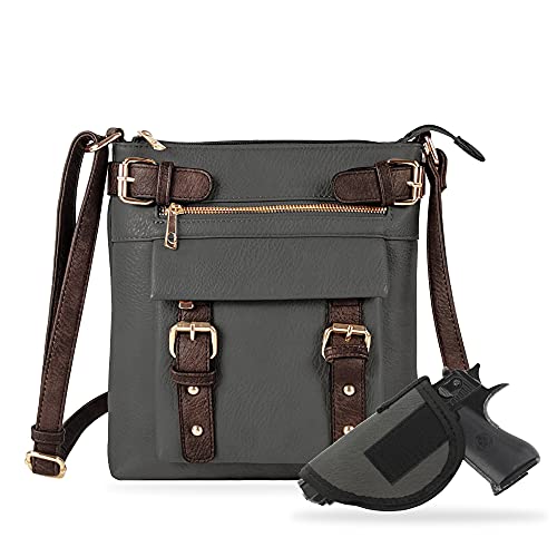 JESSIE & JAMES 2 Toned Belt Concealed Carry Crossbody Bag Shoulder Purses For Women with Lock and Key | Grey
