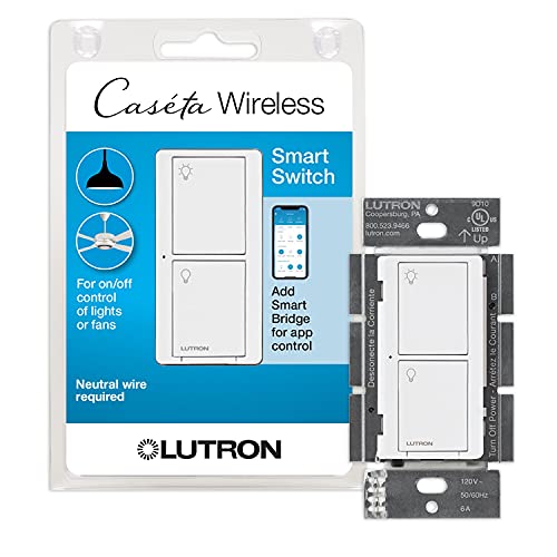 Lutron Caseta Smart Lighting Switch for All Bulb Types or Fans | Neutral Wire Required | PD-6ANS-WH | White
