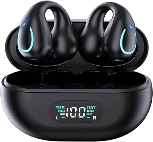 Open Ear Bone Conduction Headphones Wireless Earbuds Bluetooth 5.3 Clip On EarBuds with LED Display Charging Case 60 Hours Playtime Earphones IPX7 Waterproof for Running Walking, Workout（Black）