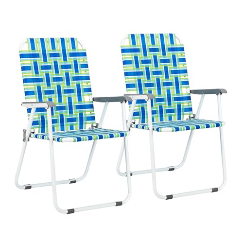 VINGLI Patio Lawn Webbed Folding Chairs Set of 2, Outdoor Beach Portable Lawn Chair Camping Chair Beach Chair for Yard, Garden (Blue, Classic)