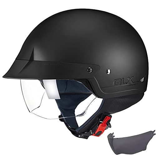GLX M14 Cruiser Scooter Motorcycle Half Helmet with Free Tinted Retractable Visor DOT Approved (Matte Black, Small)