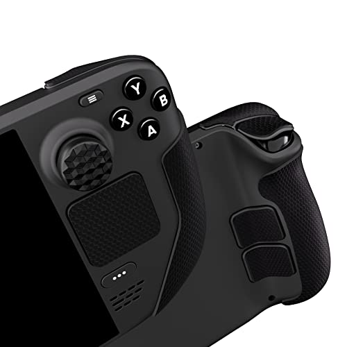 PlayVital Professional Textured Soft Rubber Pads Handle Grips for Steam Deck LCD & OLED, Trackpads Skin Grip Enhancement Back Button Protective Stickers Set with Thumb Grips - Honeycomb Textured Black