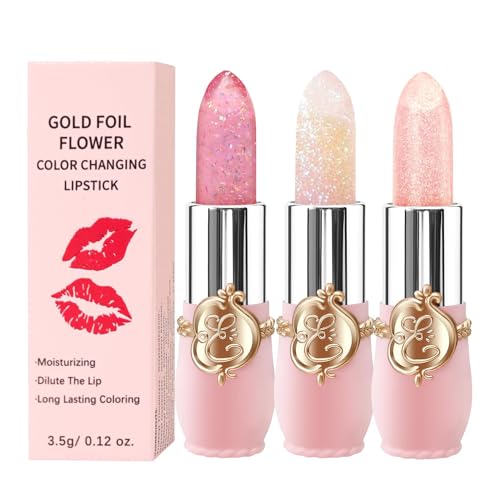 3 Pcs/Set Jelly Glimmer Lipstick Set Temperature Change Moisturizer Long Lasting Nutritious Shimmer PH Lip Balm Magic Color Changing Glitter Lip Gloss (3Pcs Shimmer Jelly Lipstick C)