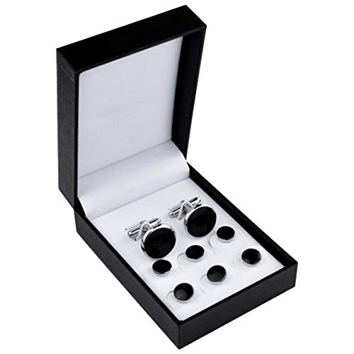 Black Silver Tuxedo Studs and Cufflinks Set, Mens Cufflinks and Cuff Studs Set Cuff Links Stainless Steel Tux Buttons with Box for Tuxedo Shirts Wedding Business Gift