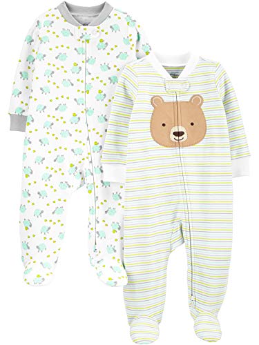 Simple Joys by Carter's Baby Neutral 2-Pack Cotton Footed Sleep and Play, White Bear/Turtle, Newborn