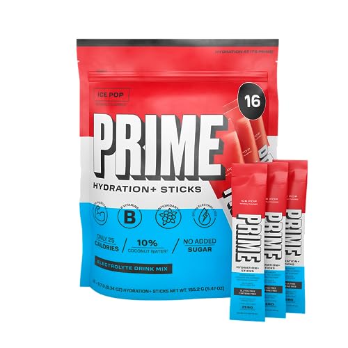 PRIME HYDRATION+ Sticks ICE POP | Hydration Powder Single Serve Sticks | Electrolyte Powder On The Go | Low Sugar | Caffeine-Free | Vegan | 16 Sticks