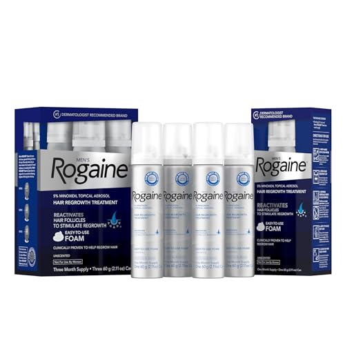Rogaine Men's 5% Minoxidil Foam for Hair Regrowth, Topical Hair Loss Treatment to Regrow Fuller, Thicker Hair, Unscented, 4-Month Supply, 4 x 2.11 oz
