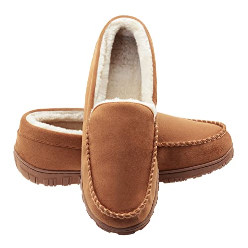 Lulex Moccasins for Men House Slippers Indoor Outdoor Plush Mens Bedroom Shoes with Hard Sole Beige 12 M US