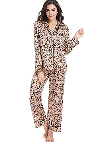 Serenedelicacy Women's Satin Pajama Set 2-Piece Sleepwear Loungewear Long Sleeve Button Down Silky PJ Set (Large, Tan/Black/Ivory, Leopard)