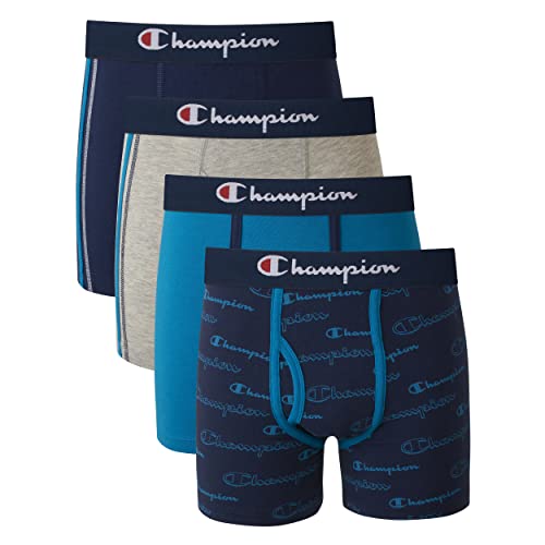 Champion Boys' Underwear, Cotton Stretch Boxer Briefs, Moisture-Wicking, Assorted 4-Pack, Navy/Teal/Grey, Medium