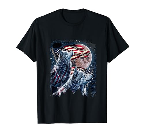 Wolf 4th of July American Flag Howling Wolves Under Moon T-Shirt