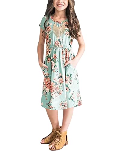 21KIDS Girls Floral Maxi Dress Kids Casual Short Sleeve Tshirt Dress with Pockets,Light Green, 8Years