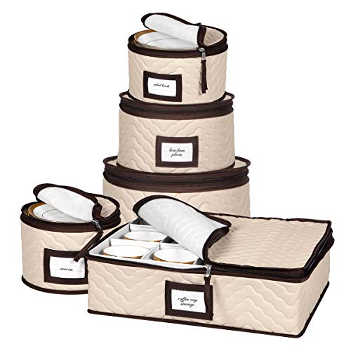 China Storage Containers 5-Piece Set Moving Boxes for Dinnerware, Glasses, Plates, Mugs and Saucers Sturdy Quilted Microfiber Dish Organizer with Dividers for Seasonal Storage - Holds Set of 12