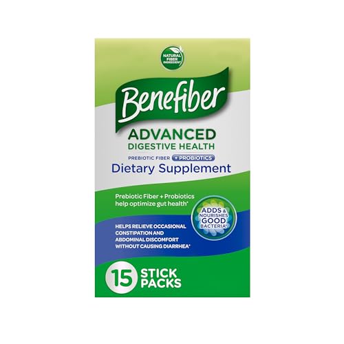 Benefiber Advanced Digestive Health Prebiotic Fiber Supplement Powder with Probiotics for Digestive Health, Low FODMAP – 15 Sticks (3.0 Ounces)
