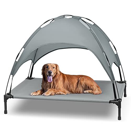 Heeyoo Elevated Dog Bed with Canopy, Outdoor Dog Cot with Removable Canopy Shade Tent, Portable Raised Pet Cot Cooling Bed for Dogs and Cats
