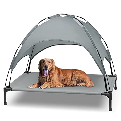 Heeyoo Elevated Dog Bed with Canopy, Outdoor Dog Cot with Removable Canopy Shade Tent, Portable Raised Pet Cot Cooling Bed for Dogs