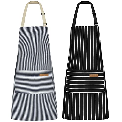 NLUS 2 Pcs Kitchen Cooking Aprons, Poly/Cotton Blend Adjustable Soft Bib Stripe Aprons with 2 Pockets for Women Men Chef (Blue Pinstripes/Black Stripes)