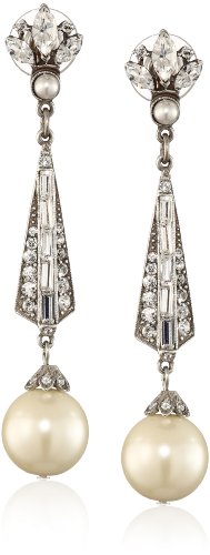 Ben-Amun Antique Silver Long Drop Earrings, Swarovski Crystal, Art Deco, Zirconia Rhinestone Pearl, Legendary Collection
